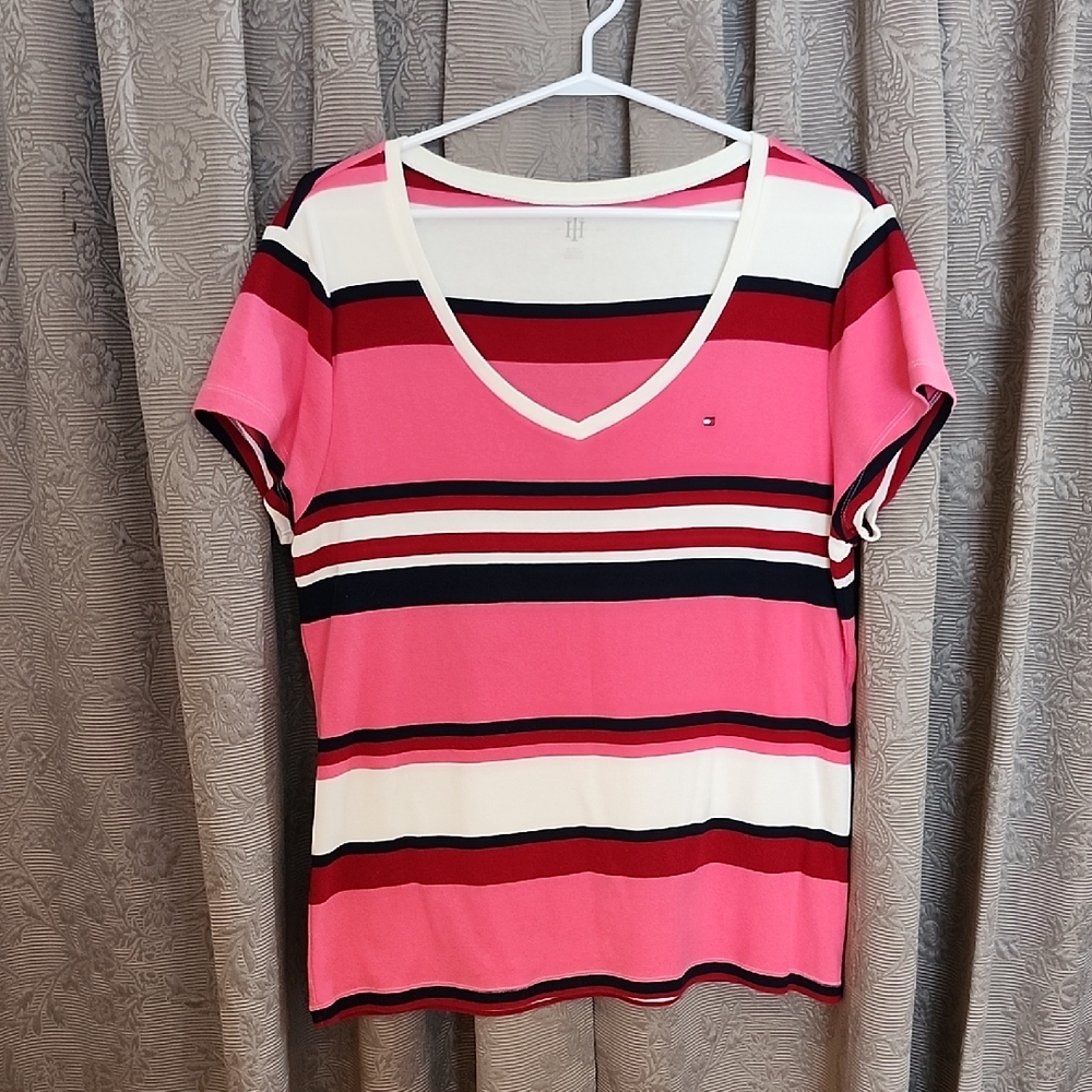 Tommy Hilfiger Women's Pink and Red Striped Tee
